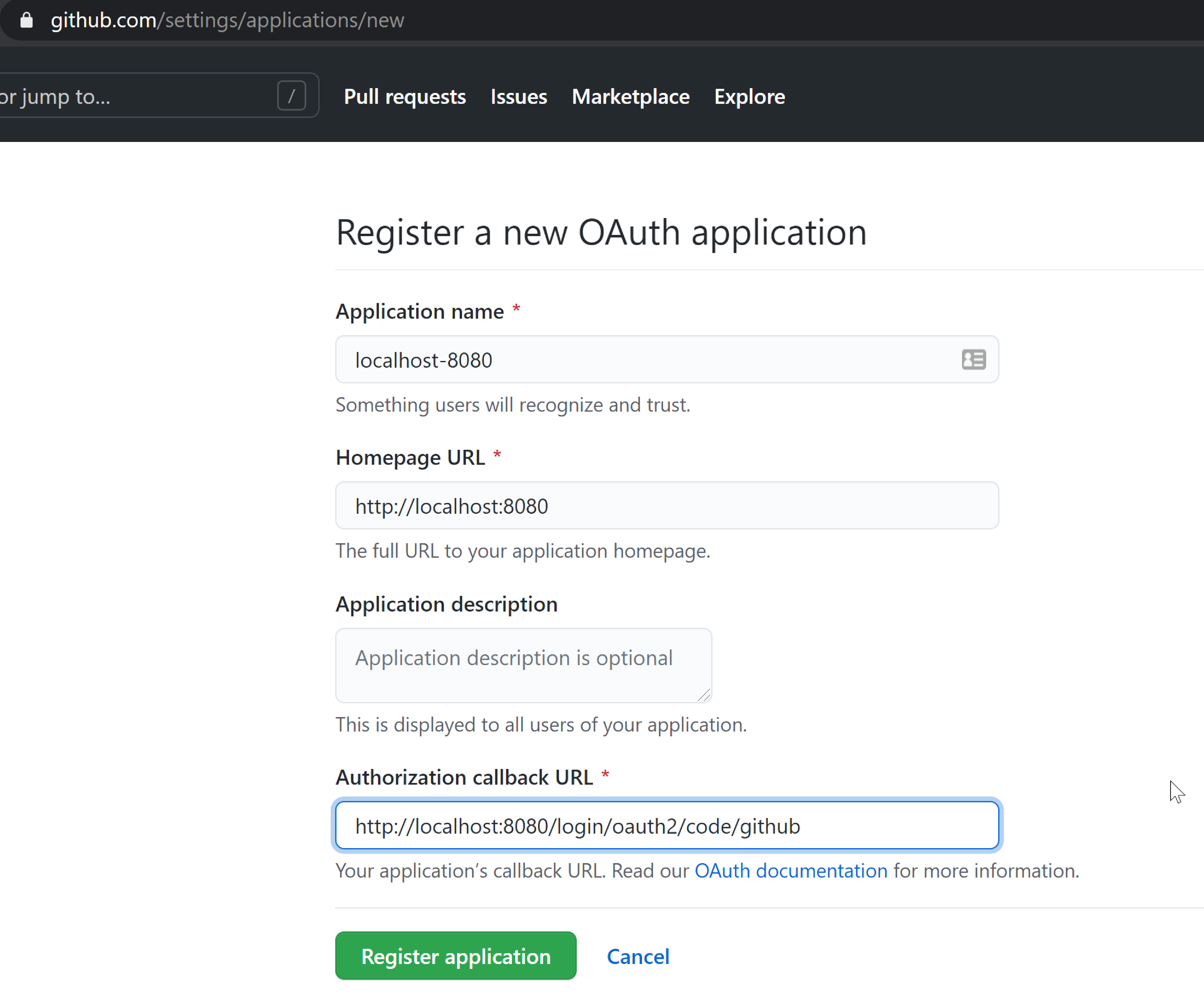 register github oauth app